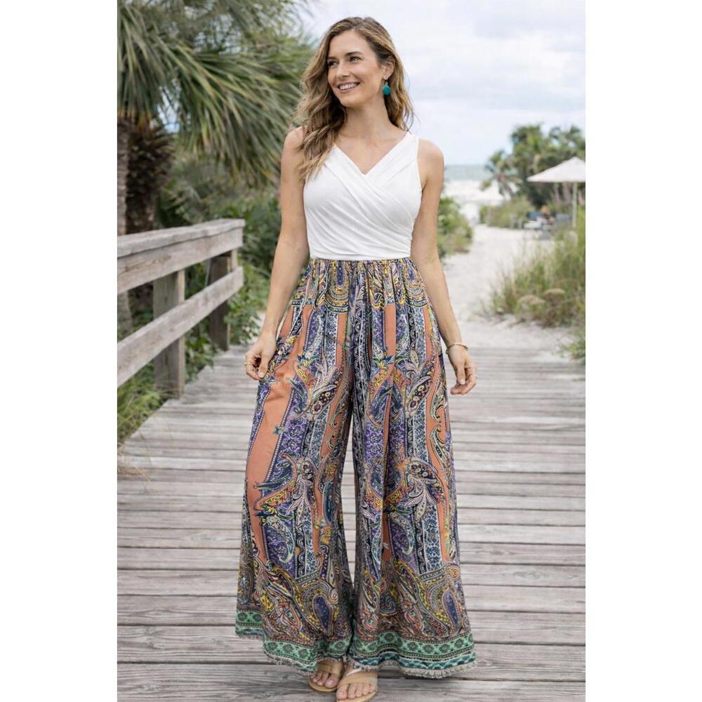 Boutique Boho Paisley Maxi Dress White Bodice Resort Summer Beach Dress Size M
